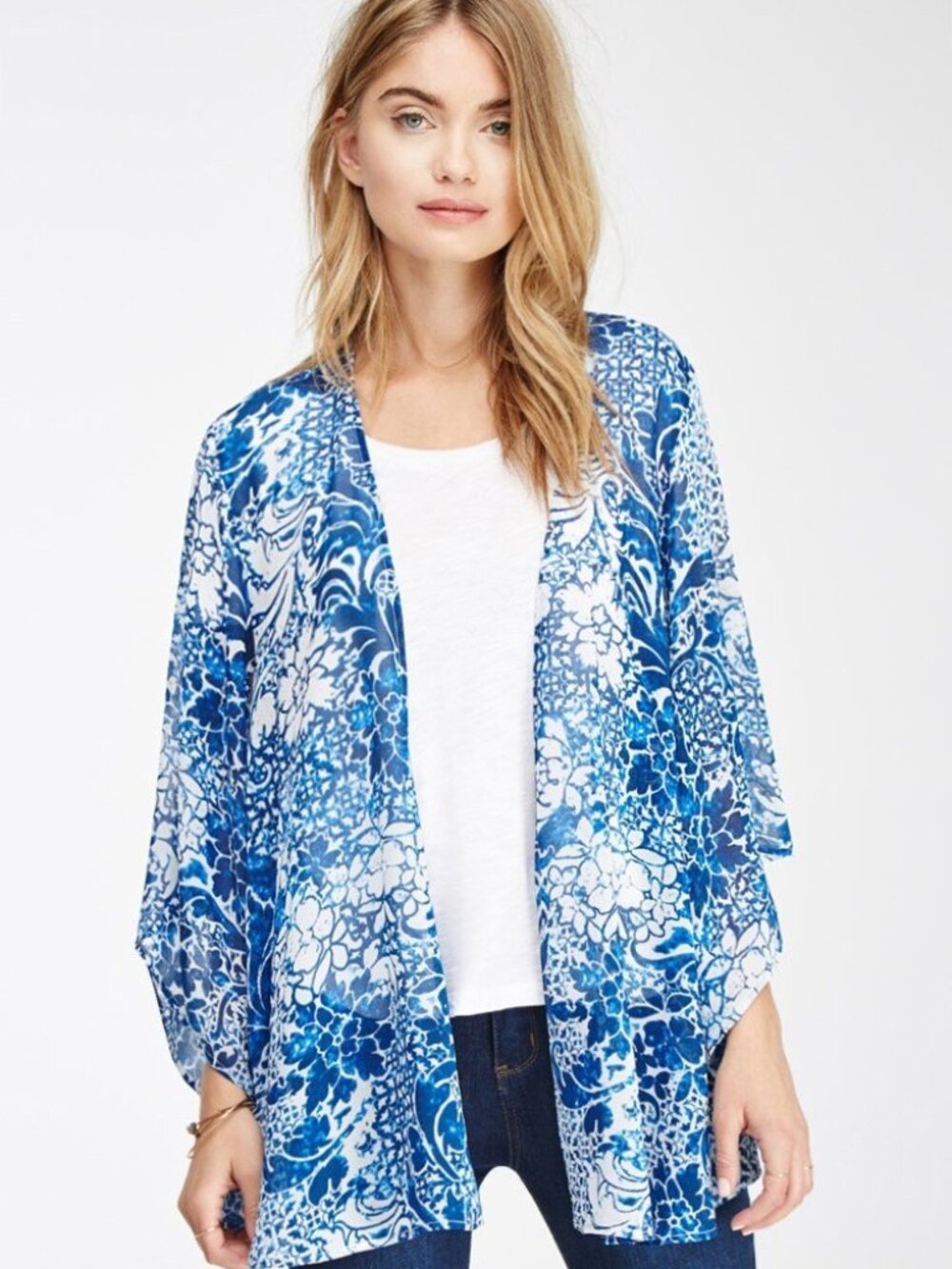 Forever 21 Blue Contemporary Ornate Botanical Print Kimono S/M